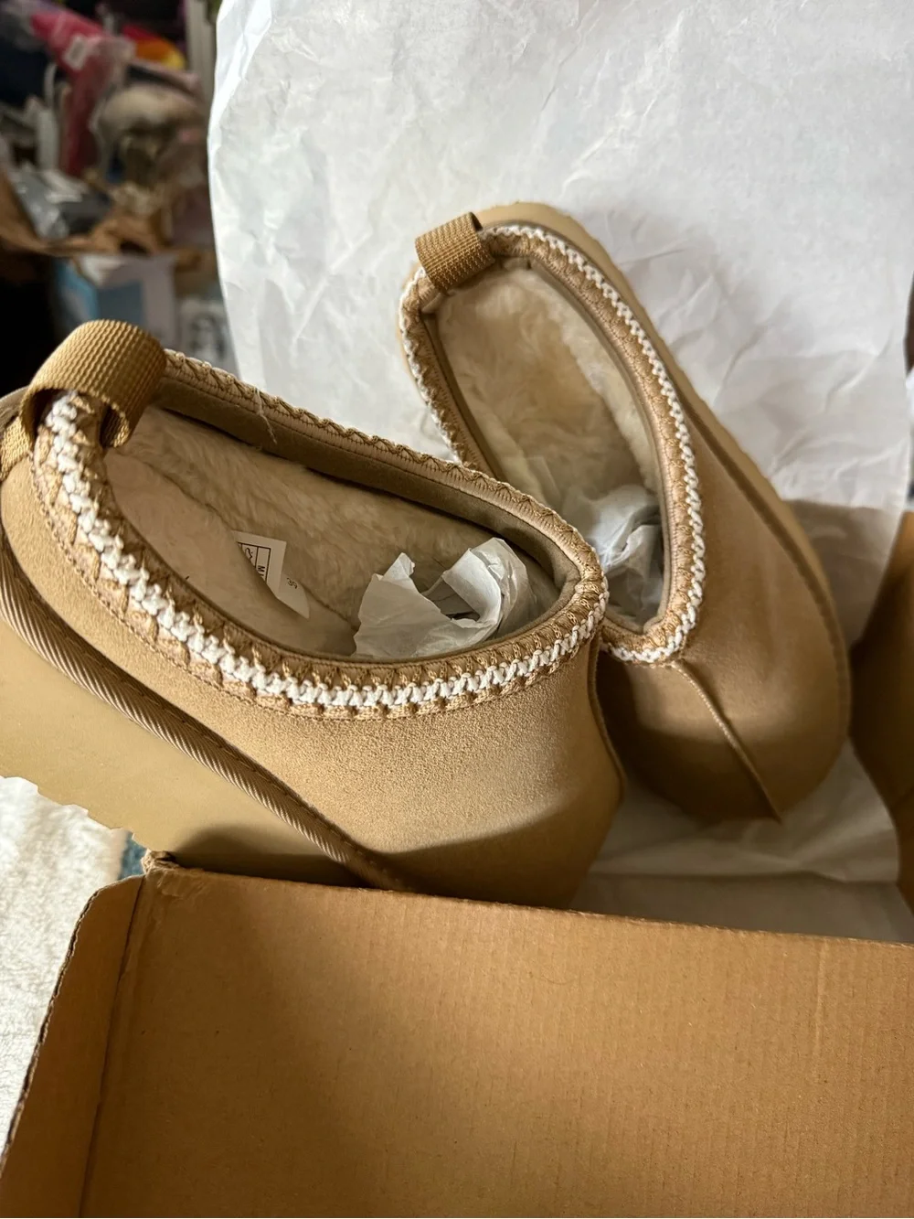 Mishansha Women's Mini Fur-Lined Suede Slippers in Taupe